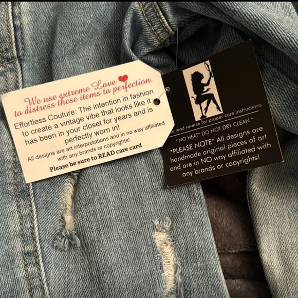 NWT heavily distressed denim jacket w/ Louis Vuitton tan and black scarf print. - Picture 4 of 10